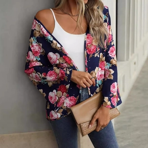 Casual floral print open-front cardigan with kimono sleeves in deep blue for women