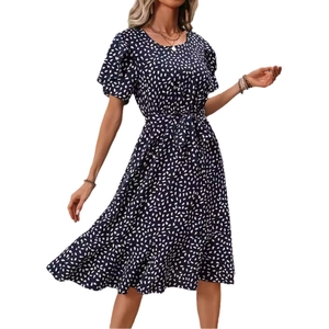 Elegant floral print midi dress with puff sleeves and tie waist in dark navy finish