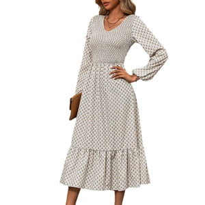 Elegant white floral V-neck long sleeve midi dress with smocked waist and ruffled hemline