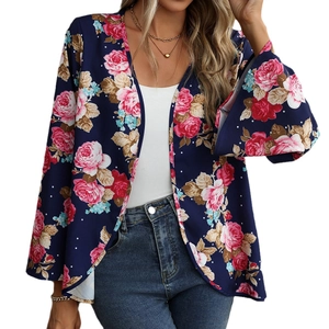 Women's V-neck floral print blouse with flare sleeves and elegant pink rose patterns