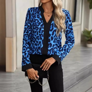 Women's V-neck long sleeve blouse featuring a striking blue leopard print and black trim