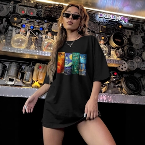 T-shirt noir oversize en coton avec imprimés Van Gogh et design à épaules tombantes