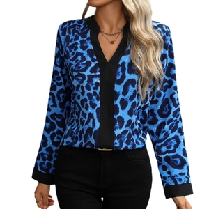 Women's V-neck leopard print long sleeve shirt with black trim contrast details