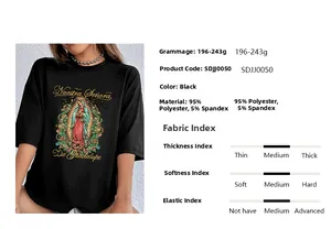 Gedetailleerde stofspecificaties en maattabel voor zwart T-shirt met Maagd Maria print