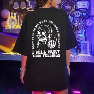 Women's Casual Oversized Black T-Shirt Crew Neck Short Sleeve Cotton Blend Top Melting Skull Graphic Streetwear Fashion