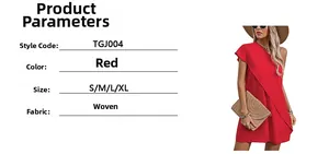 Size chart for red one-shoulder dress with woven fabric details and model styling