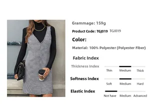 Detail view of houndstooth sleeveless dress with 100% polyester fabric specifications