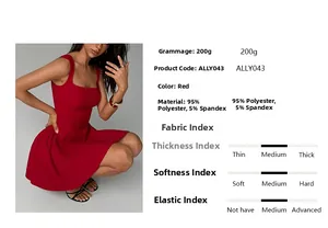 Detail view of red slim sleeveless backless dress with material specifications and size chart