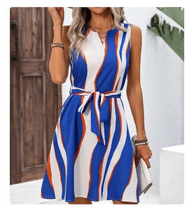 Detail of V-neck sleeveless dress with blue and orange wave stripe print and tie waist