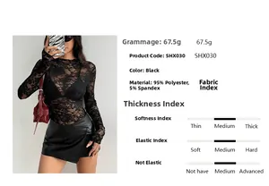 Vue détaillée du haut en dentelle noire à manches longues en 95 % polyester et poids 67,5 g
