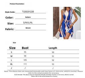 Size chart showing bust and length for the striped slim fit dress with belt details