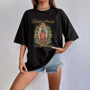 Vrouwen Oversized T-Shirt Onze Lieve Vrouw Van Guadalupe Grafische Print Korte Mouw Ronde Hals Zwart Streetwear Tee Top