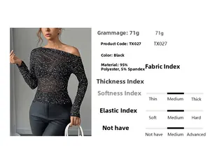 Detail of rhinestone black off-shoulder top with 95% polyester and 5% spandex fabric info