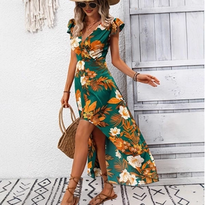 Robe Midi Bohème à Fleurs Tropicales Avec Col En V Manches à Volants Et Ourlet Asymétrique Robe De Plage Pour Femmes