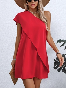 Detail of red one-shoulder sleeveless dress with asymmetrical hem for summer