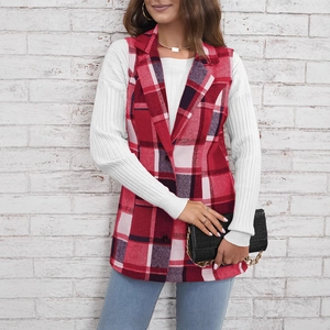 Gilet cardigan sans manches à carreaux rouges élégant avec revers classique pour femme