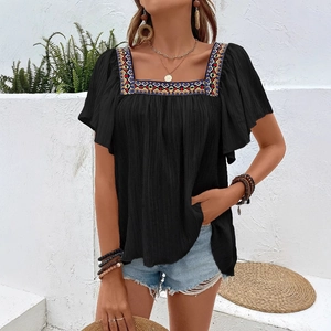 Bohemian black square neck shirt with ethnic geometric embroidery and ruffle short sleeves