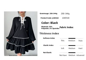 Detail of black long-sleeved dress showing 95% Polyester and 5% Spandex material specs
