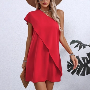 Women Sexy One Shoulder Fake Two-Piece Mini Dress Sleeveless Ruffle Patchwork A-Line Summer Vacation Beach Party Dress