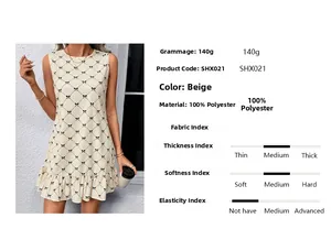Detail view of 100% polyester fabric specifications for sleeveless bow print dress