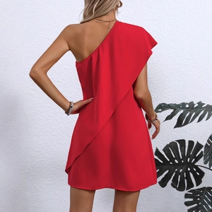 Chic red one-shoulder mini dress with tiered back ruffles and an A-line silhouette