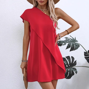 Elegant red one-shoulder A-line dress with ruffled details for summer beach vacation wear