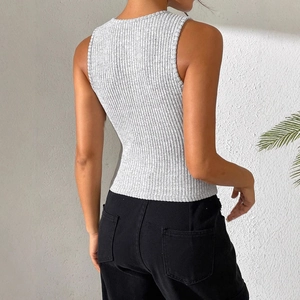 Women's slim fit grey ribbed knit sleeveless tank top shown from the back view