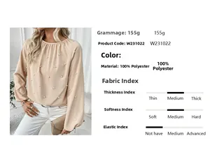 Detail view of apricot elegant long sleeve shirt with pearl beads decoration and fabric info