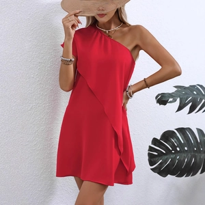 Elegant red one-shoulder A-line summer dress with layered ruffles for vacation