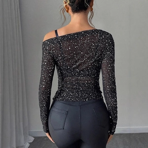 Women's off-shoulder black mesh long sleeve top with rhinestone starry print pattern