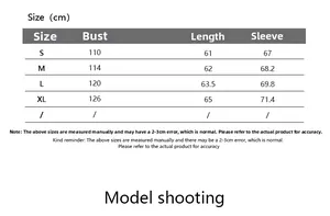 Detailed size chart for elegant long sleeve blouse with bust and length measurements in cm