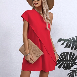 Elegant red one-shoulder sleeveless dress with asymmetric hem for summer beach vacation