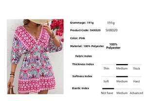 Détails de la robe bohème avec spécifications en 100% polyester et photo du mannequin