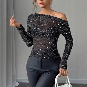 Women's elegant black off-shoulder mesh top with rhinestones and long sleeves for spring