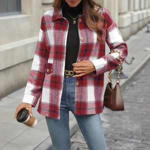 Women red plaid shacket featuring oversized fit and front buttons for autumn winter