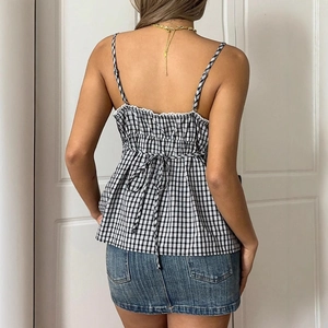 Summer black and white plaid camisole with lace trim and bow-tie back detail