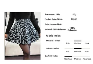 Detailed chart showing 100% polyester leopard skirt fabric specs and 136g weight