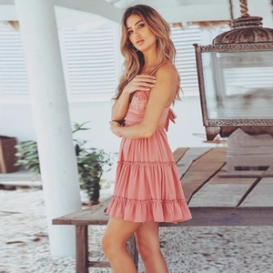 Pink backless summer dress with lace bodice and tiered cake skirt for women vacation style