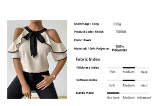 Detail view of off-white chiffon blouse with black bow and layered ruffle sleeves