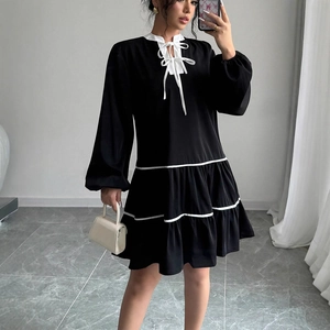 French Style Women Long Sleeve Black Midi Dress Contrast Bow Tie Collar Tiered Ruffle Hem Sweet Lantern Sleeve Dress