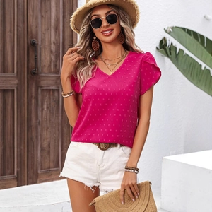 Rose red V-neck blouse with Swiss dot texture and ruffle sleeves for resort wear