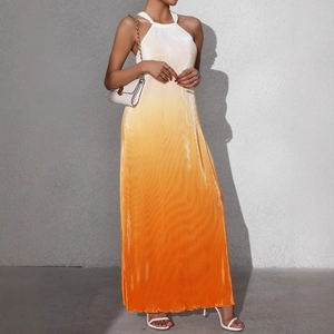 Chic halter neck pleated maxi dress with elegant white to orange gradient finish