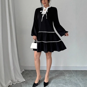 French style black long sleeve dress with white bow tie and striped hem for women