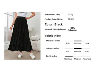 Détail de jupe plissée noire, 100% polyester, poids 252g avec taille élastique souple