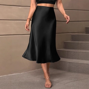 Women Elegant High Waist Satin Midi Skirt A-Line Solid Color Simulated Silk Skirt For Summer Office Daily Party Wear