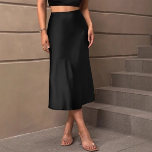 Elegant black high-waisted satin midi skirt with smooth drape for women