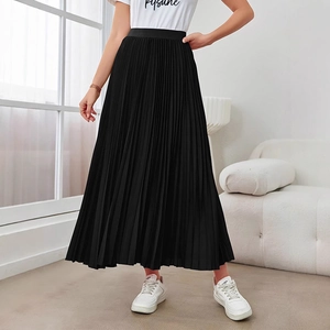 Jupe Maxi Plissée Taille Haute Élégante pour Femme Couleur Unie Jupe Parapluie Ligne A Casual en Polyester Mode