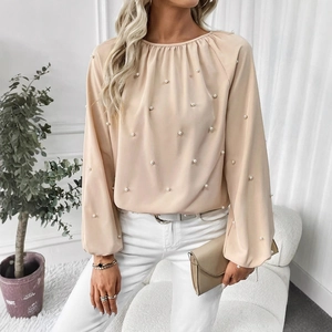 Elegant beige long sleeve blouse with pearl embellishments and pleated crew neckline