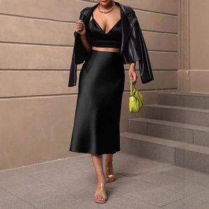 Elegant high-waisted black satin midi A-line skirt with a silky glossy finish for women