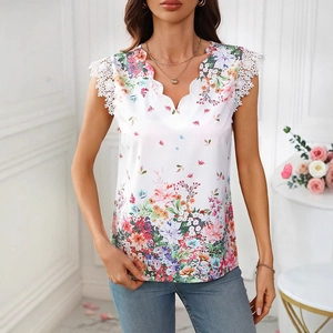 Chemisier sans manches à fleurs pour femmes avec col V en dentelle et fini satiné